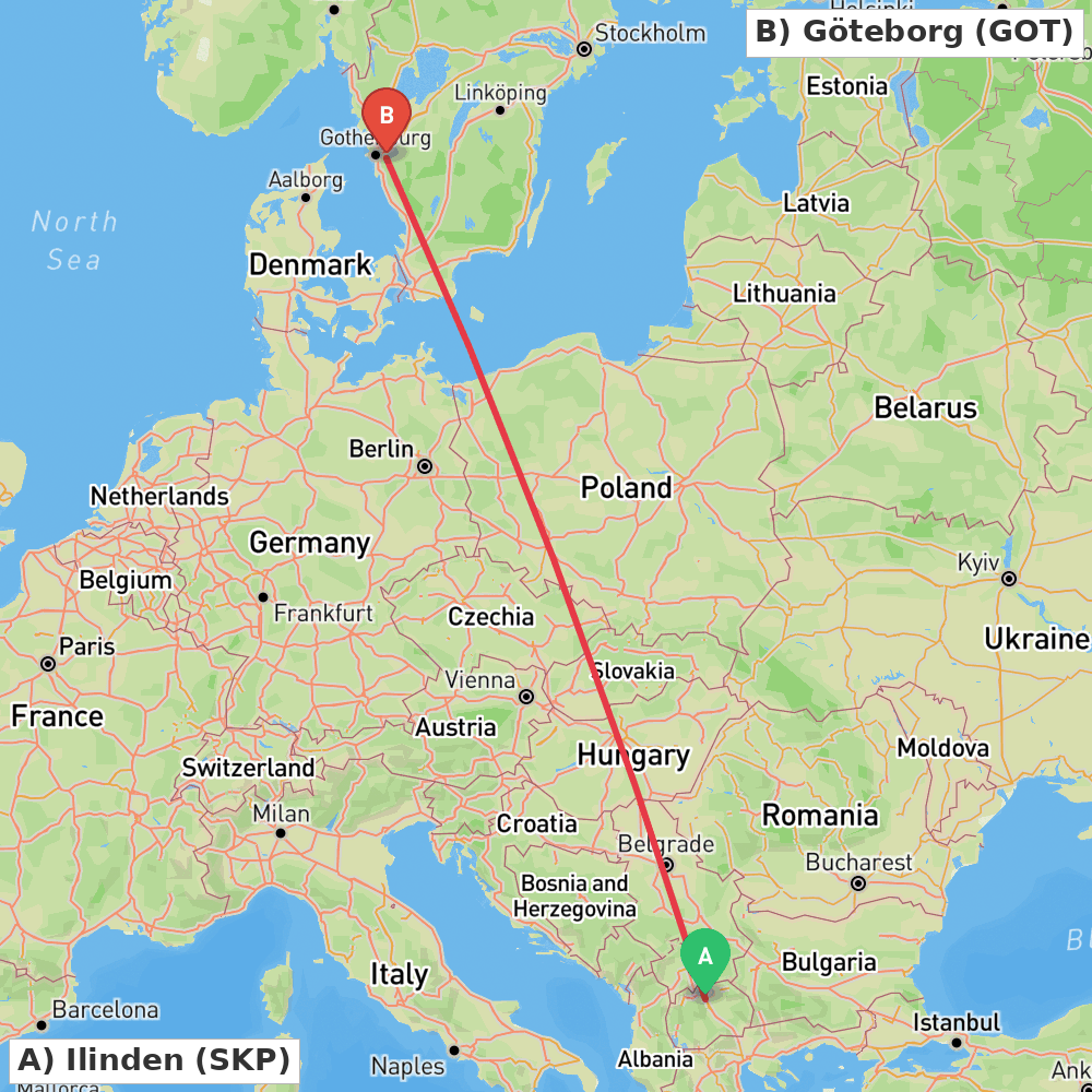 Flight route map from Ilinden to Göteborg