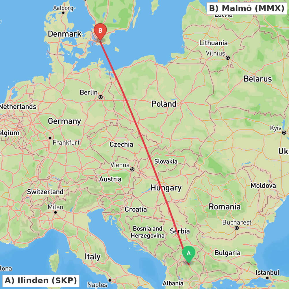 Flight route map from Ilinden to Malmö