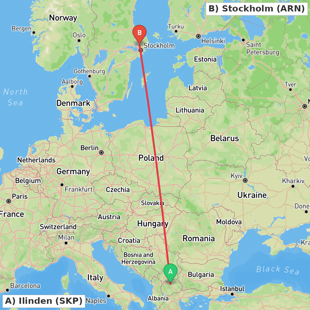 Flight route map from Ilinden to Stockholm