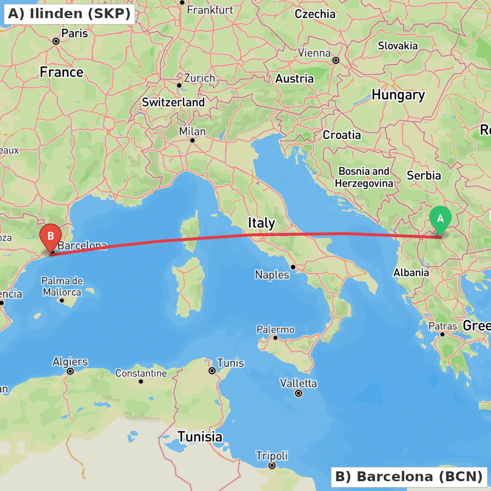 Flight route map from Ilinden to Barcelona