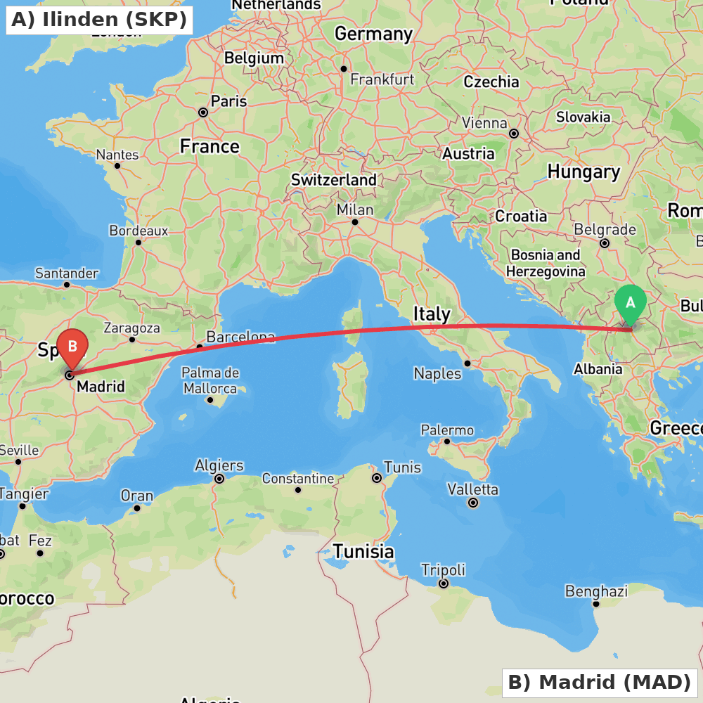 Flight route map from Ilinden to Madrid