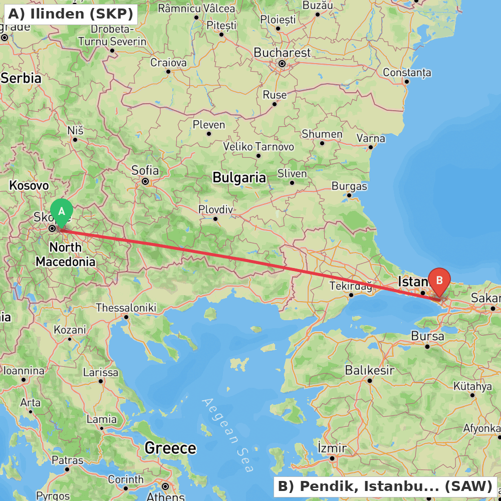 Flight route map from Ilinden to Pendik, Istanbul