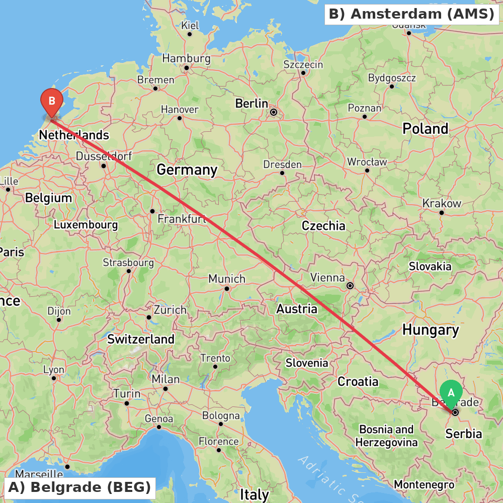 Flight route map from Belgrade to Amsterdam