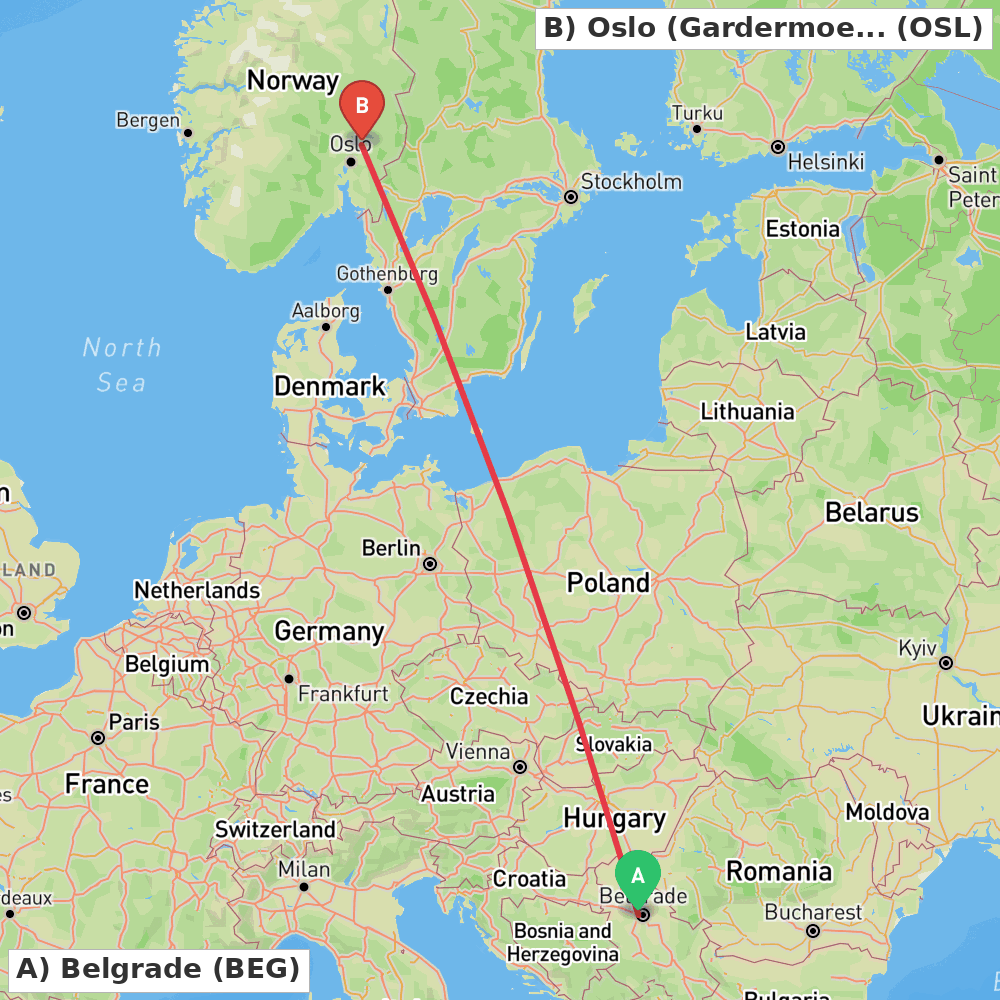 Flight route map from Belgrade to Oslo (Gardermoen)