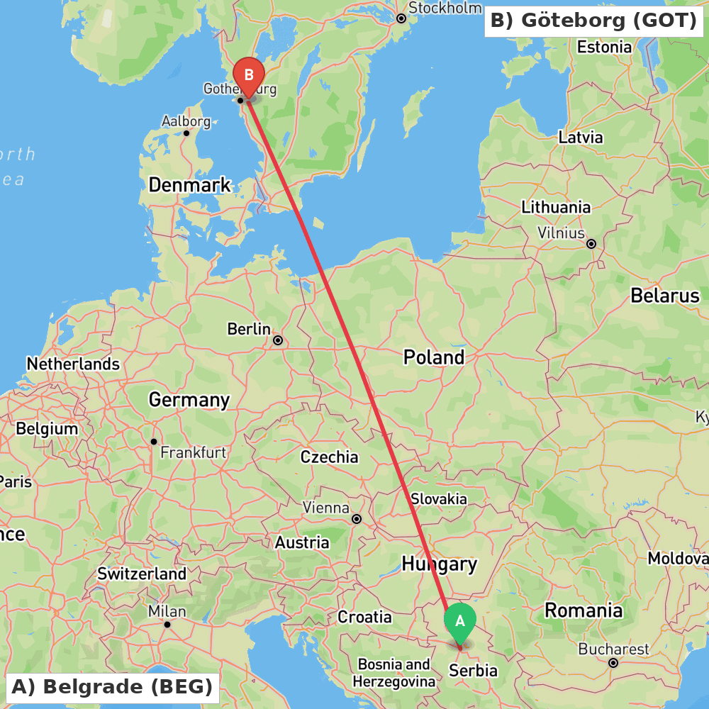 Flight route map from Belgrade to Göteborg