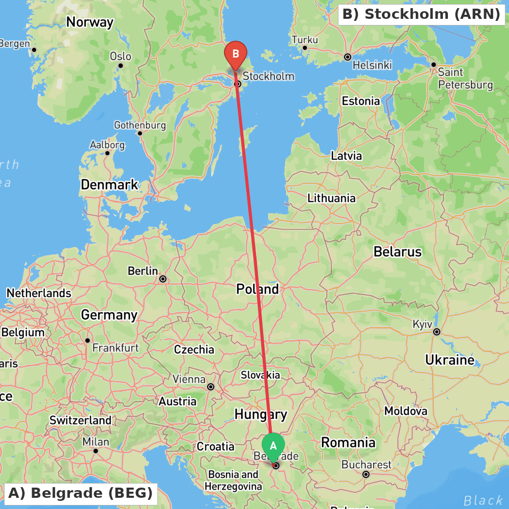Flight route map from Belgrade to Stockholm