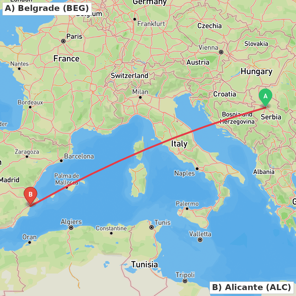 Flight route map from Belgrade to Alicante