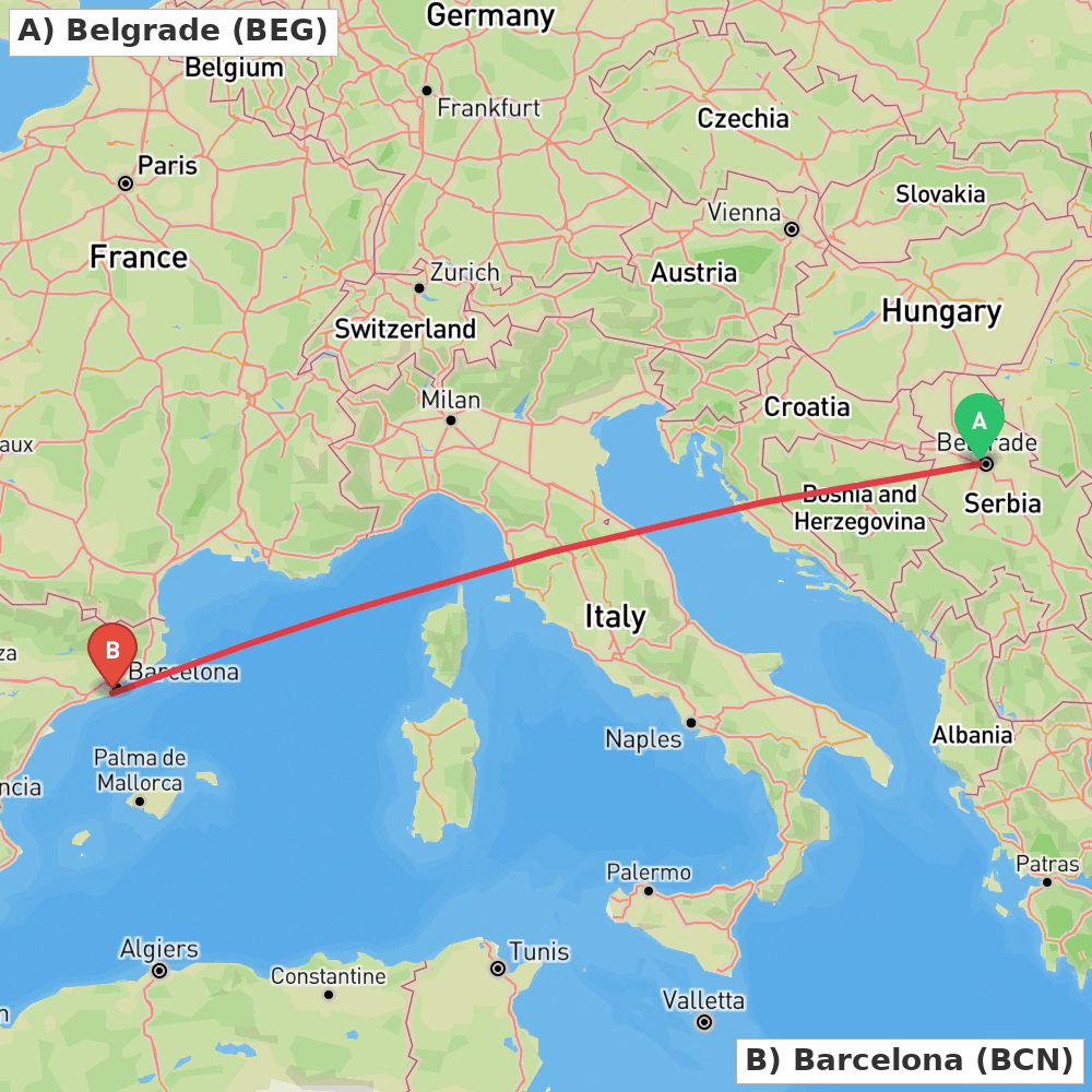 Flight route map from Belgrade to Barcelona