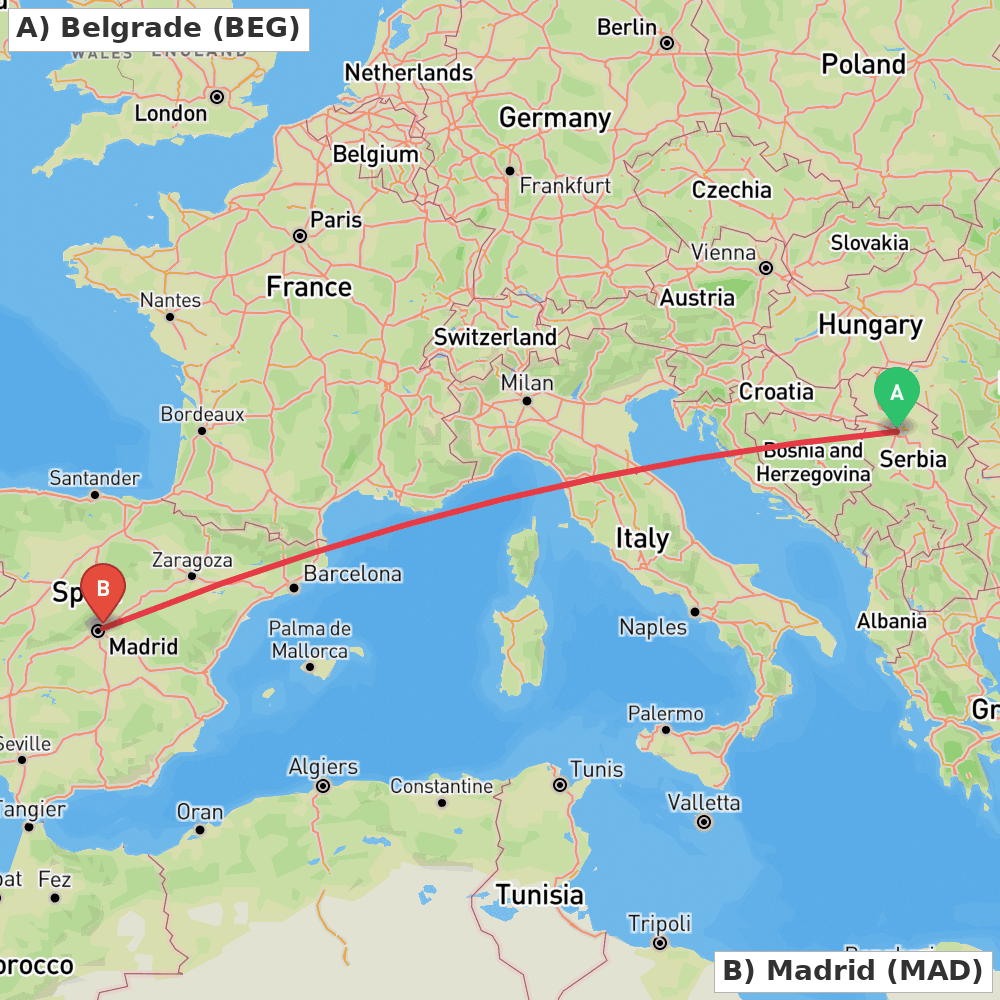Flight route map from Belgrade to Madrid