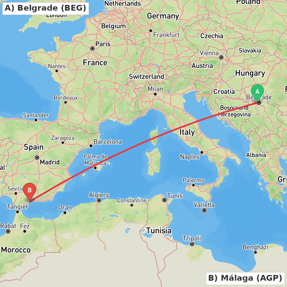 Flight route map from Belgrade to Málaga