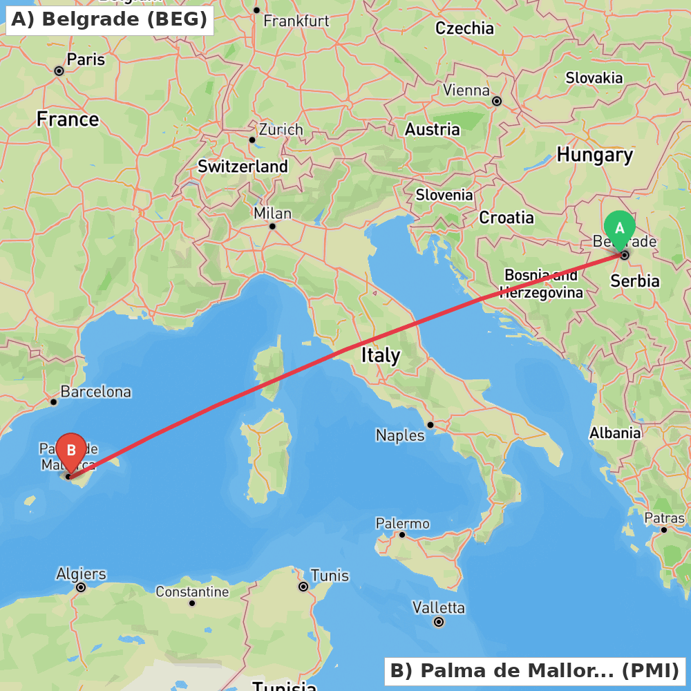 Flight route map from Belgrade to Palma de Mallorca