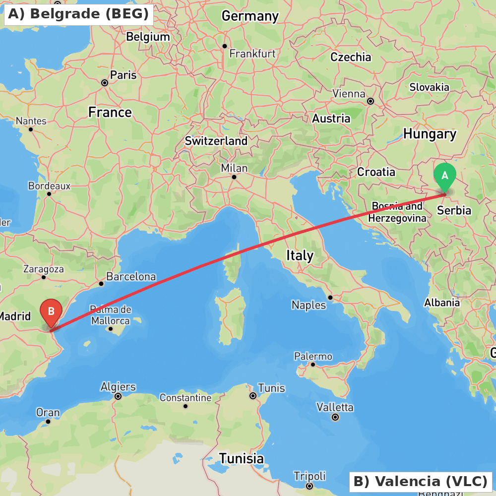 Flight route map from Belgrade to Valencia