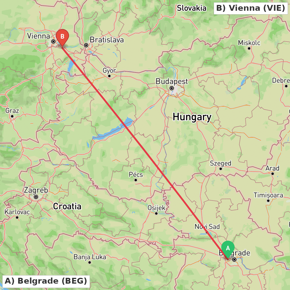 Flight route map from Belgrade to Vienna