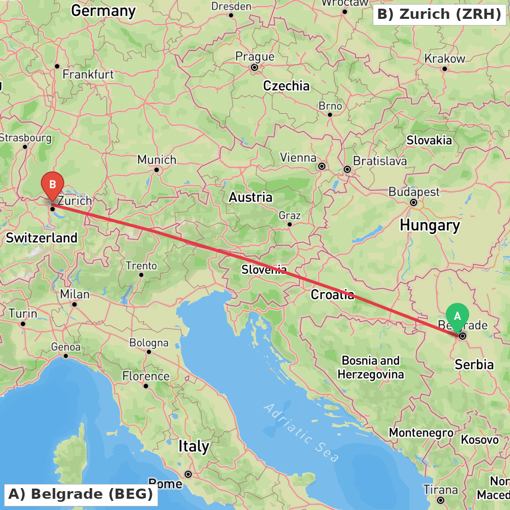 Flight route map from Belgrade to Zurich