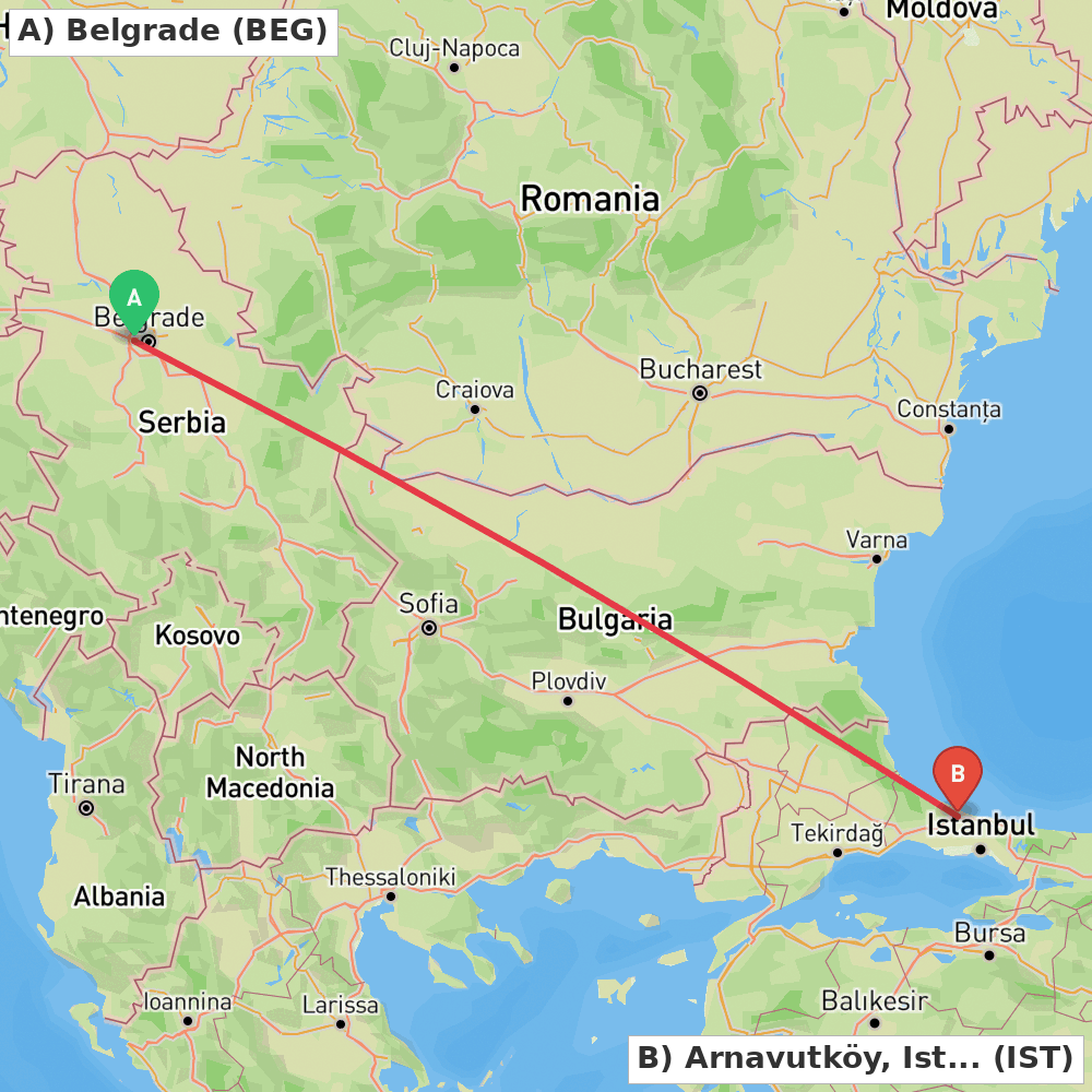Flight route map from Belgrade to Arnavutköy, Istanbul
