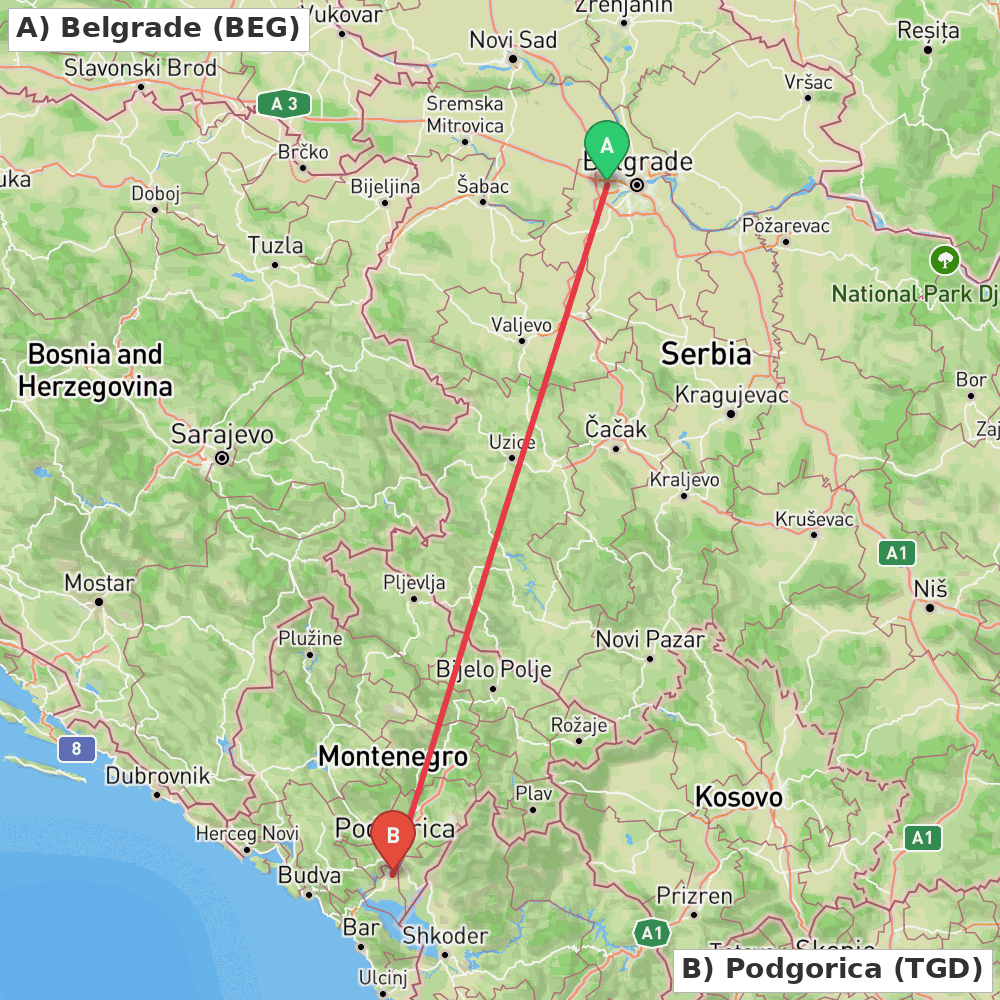 Flight route map from Belgrade to Podgorica