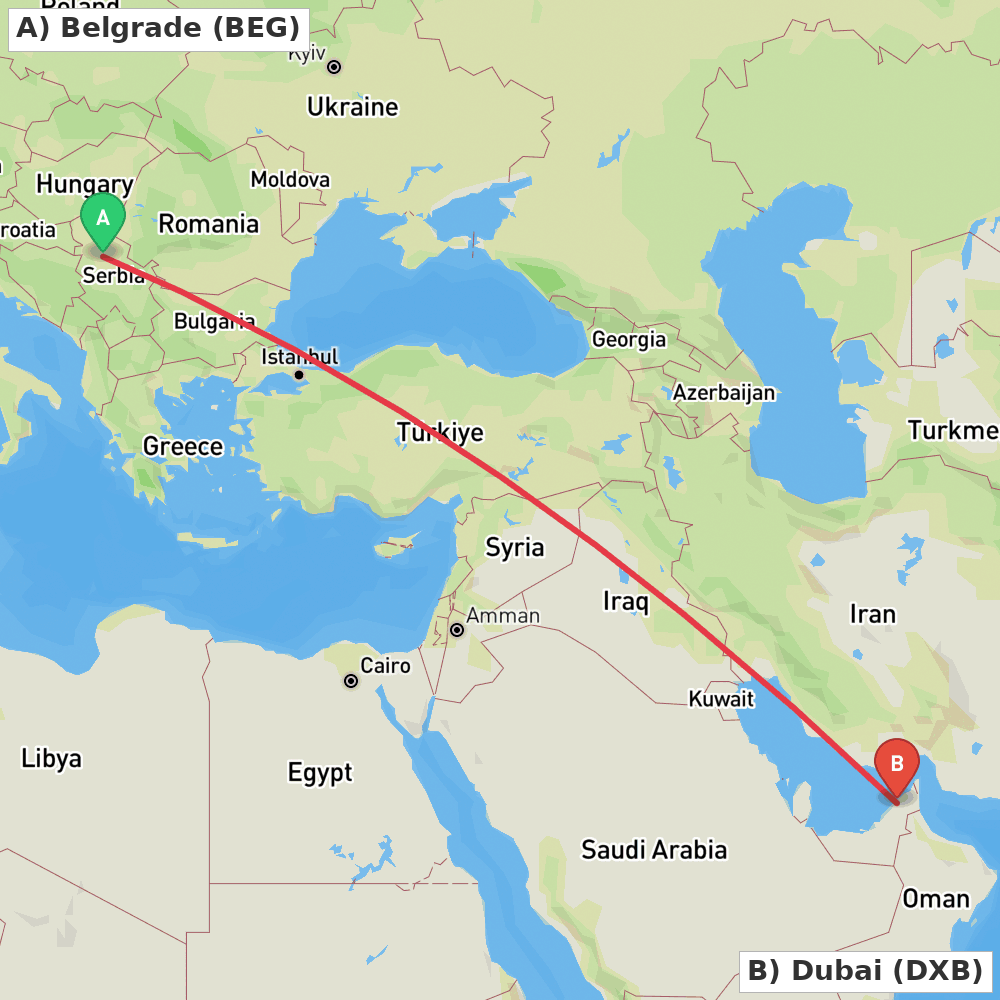 Flight route map from Belgrade to Dubai