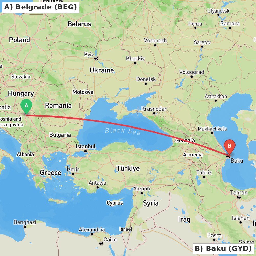 Flight route map from Belgrade to Baku