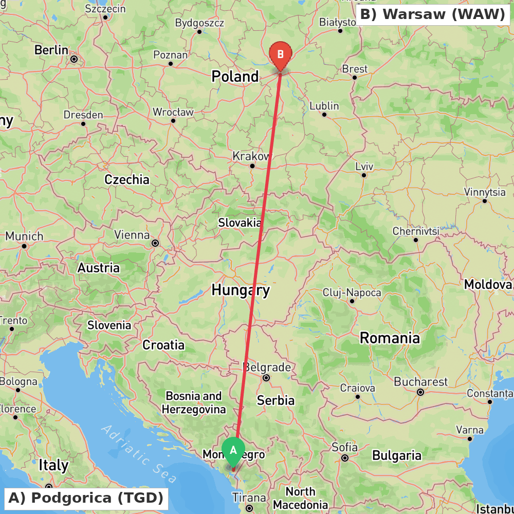 Flight route map from Podgorica to Warsaw
