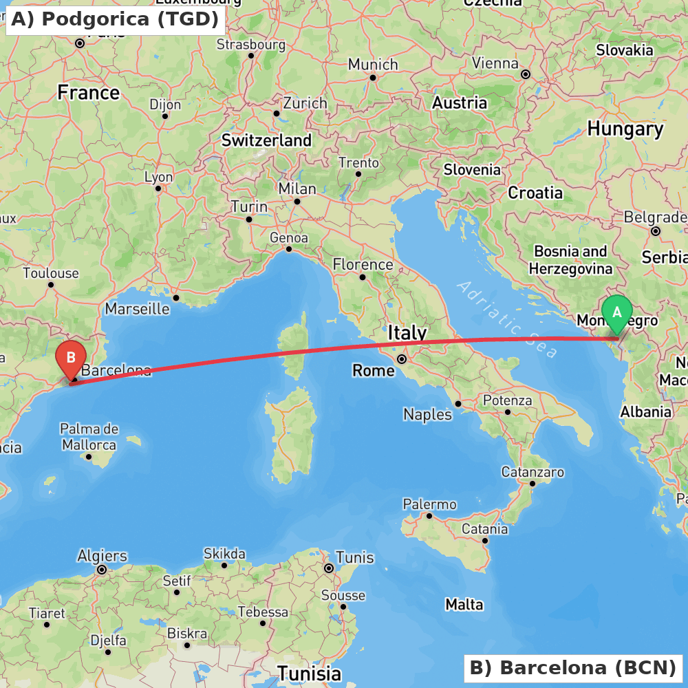 Flight route map from Podgorica to Barcelona