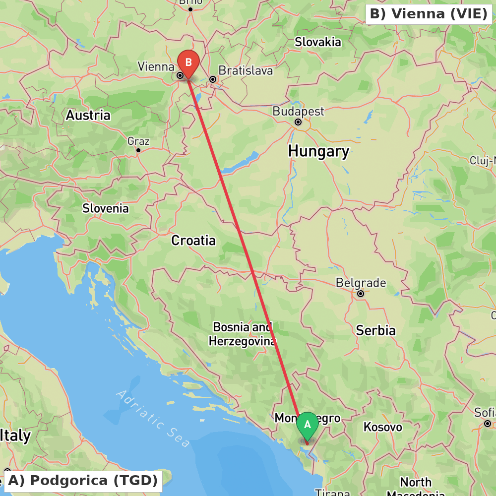 Flight route map from Podgorica to Vienna