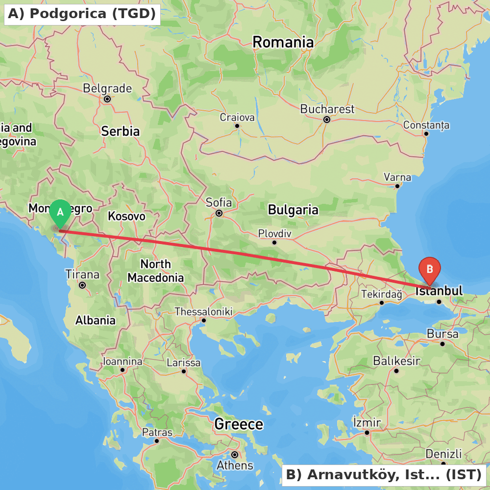 Flight route map from Podgorica to Arnavutköy, Istanbul