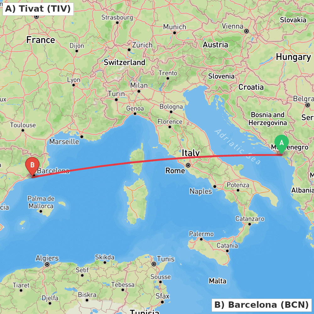 Flight route map from Tivat to Barcelona