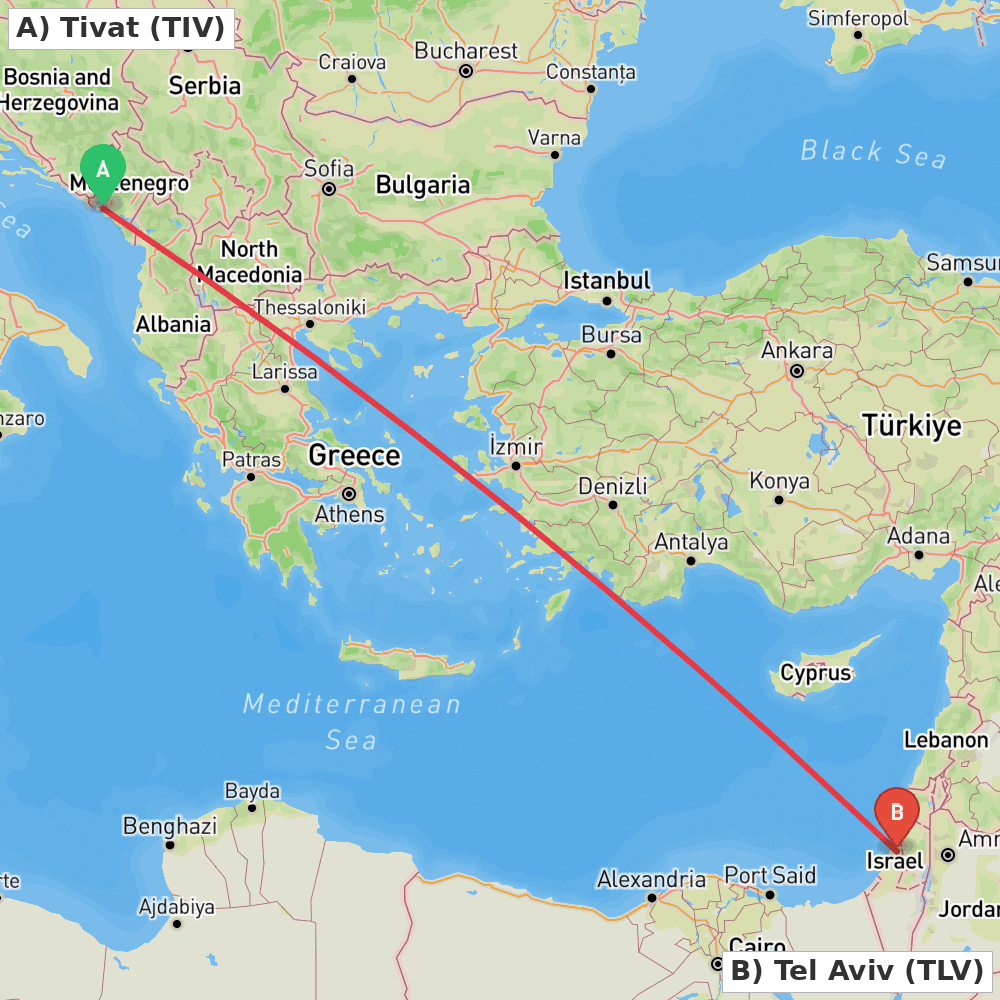 Flight route map from Tivat to Tel Aviv