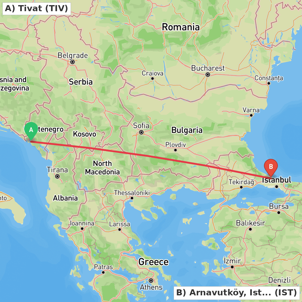 Flight route map from Tivat to Arnavutköy, Istanbul