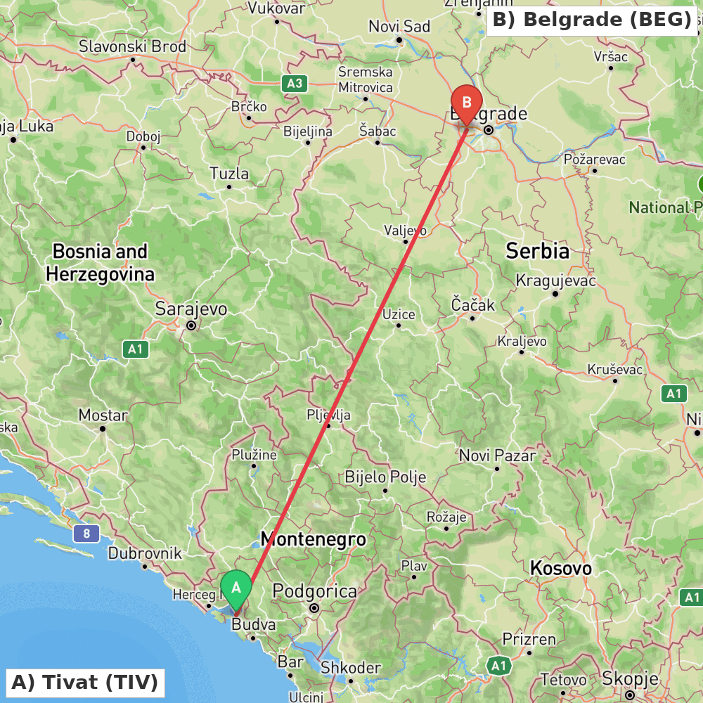 Flight route map from Tivat to Belgrade