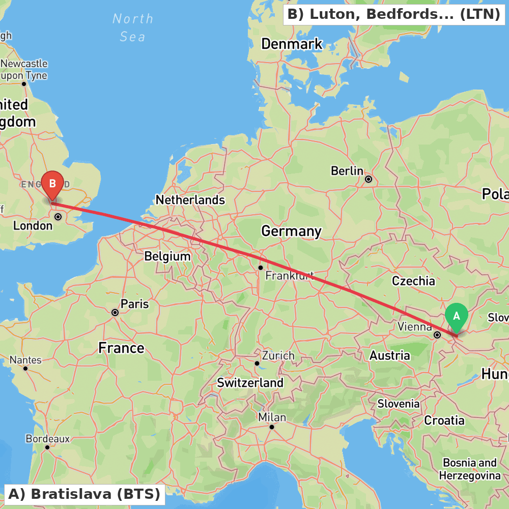 Flight route map from Bratislava to Luton, Bedfordshire