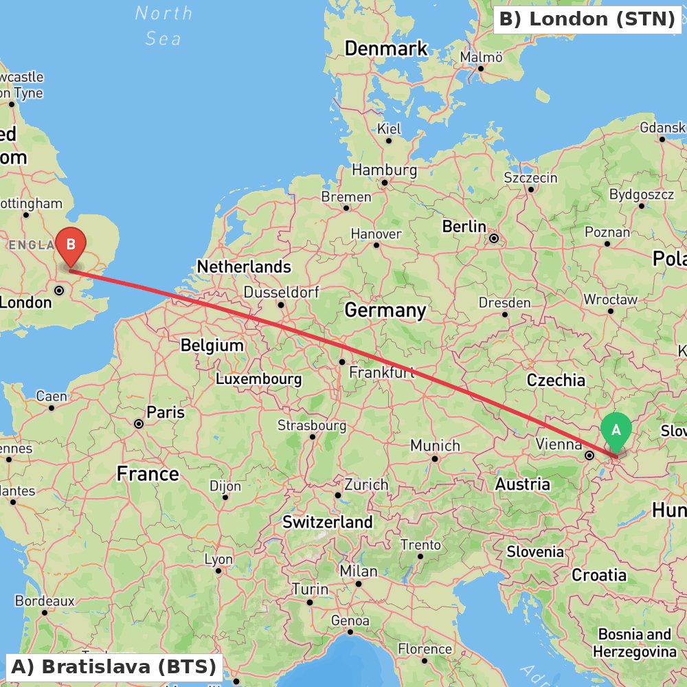 Flight route map from Bratislava to London