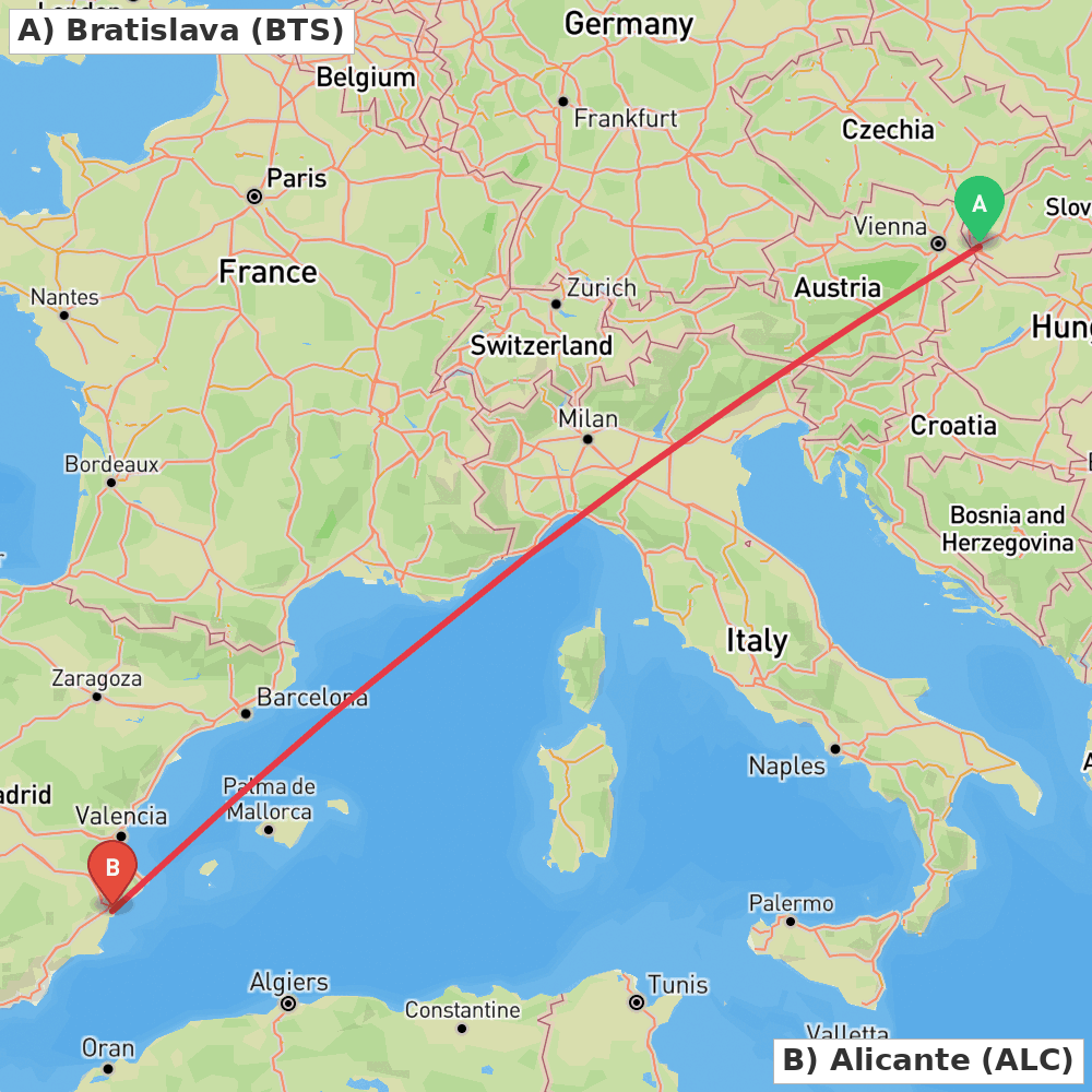Flight route map from Bratislava to Alicante