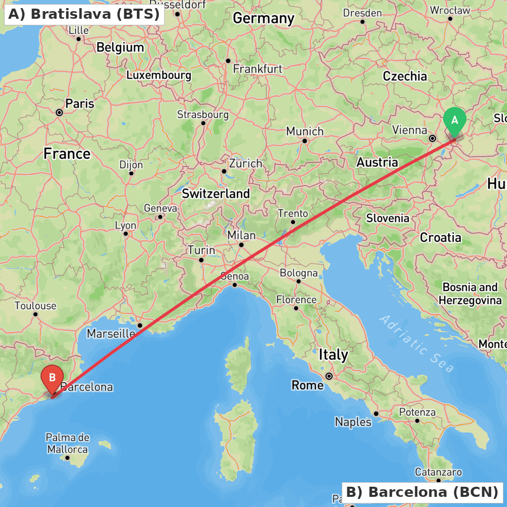 Flight route map from Bratislava to Barcelona