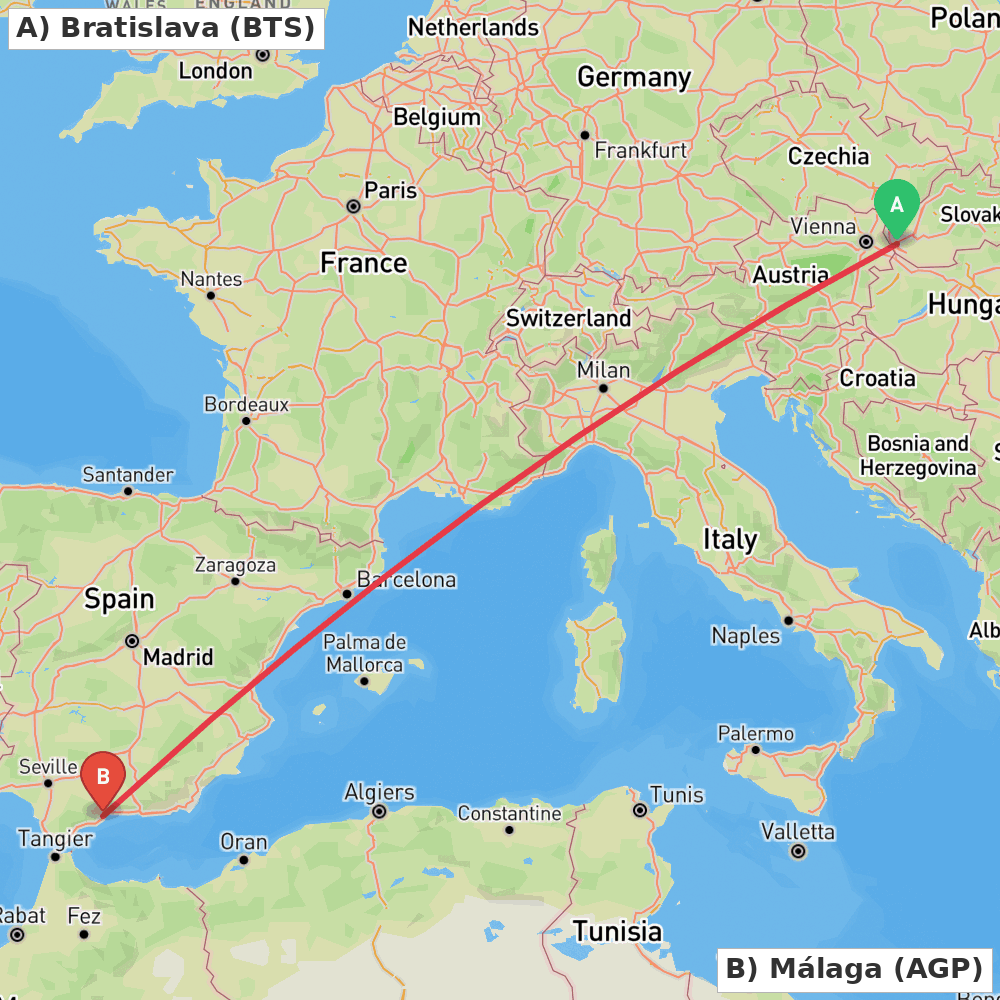 Flight route map from Bratislava to Málaga
