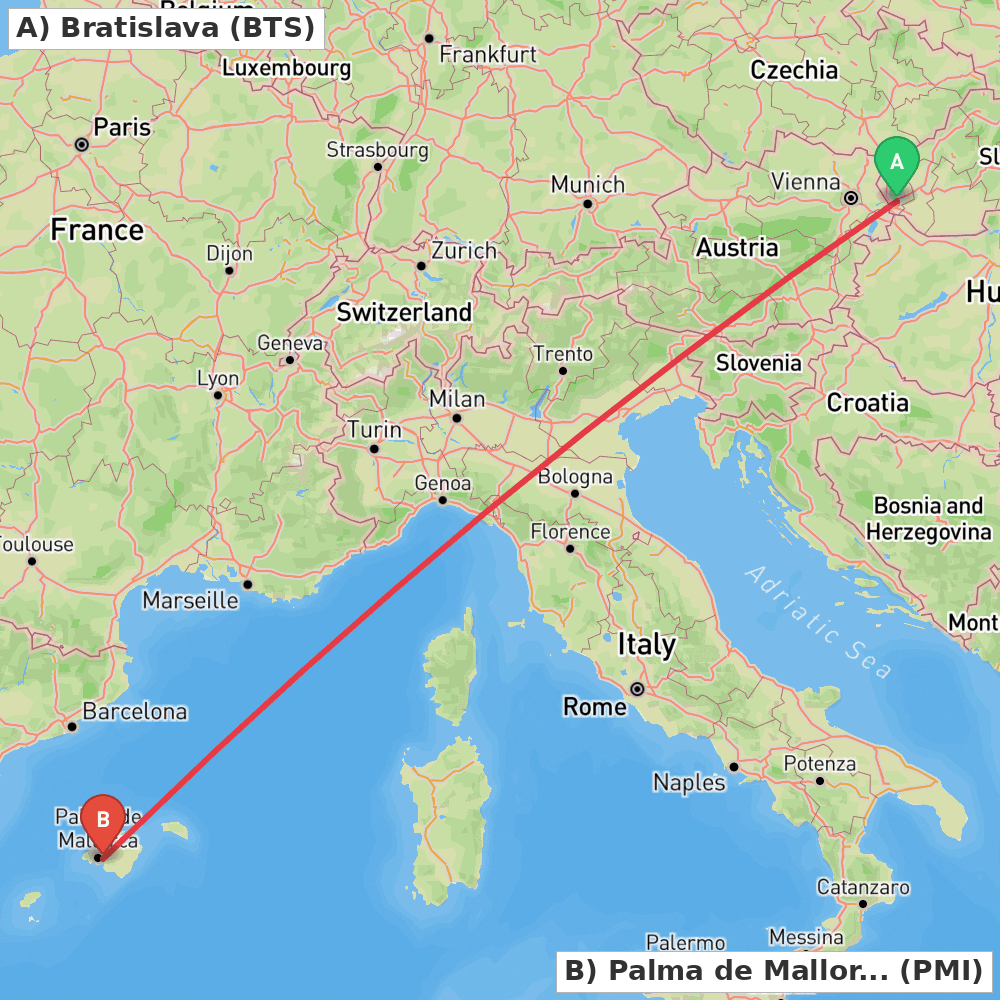 Flight route map from Bratislava to Palma de Mallorca