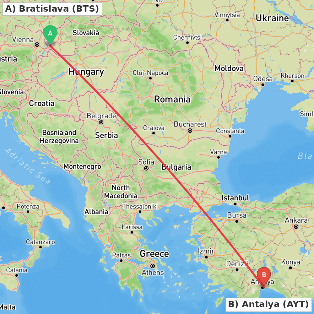 Flight route map from Bratislava to Antalya