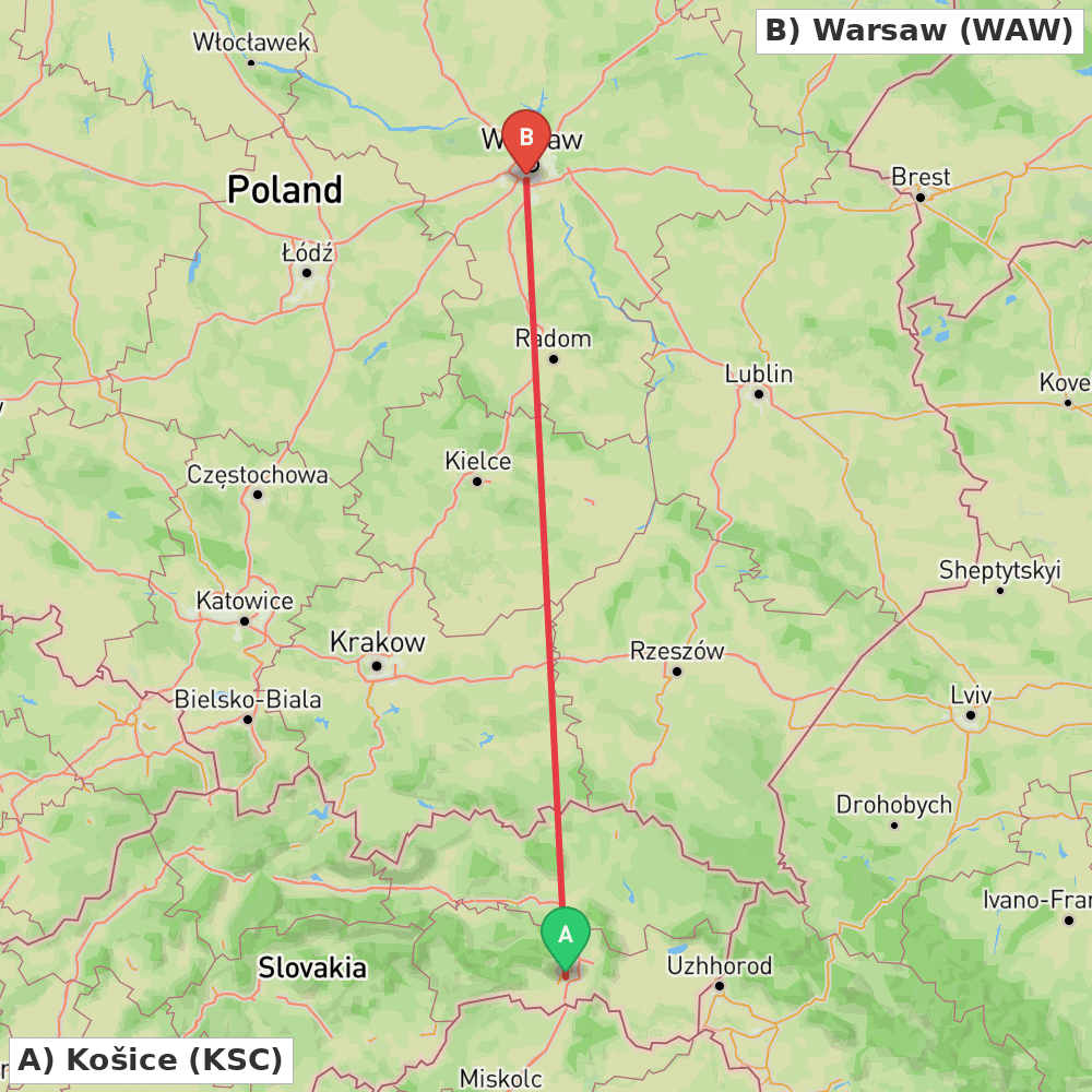Flight route map from Košice to Warsaw