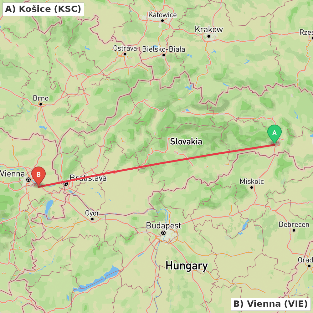 Flight route map from Košice to Vienna