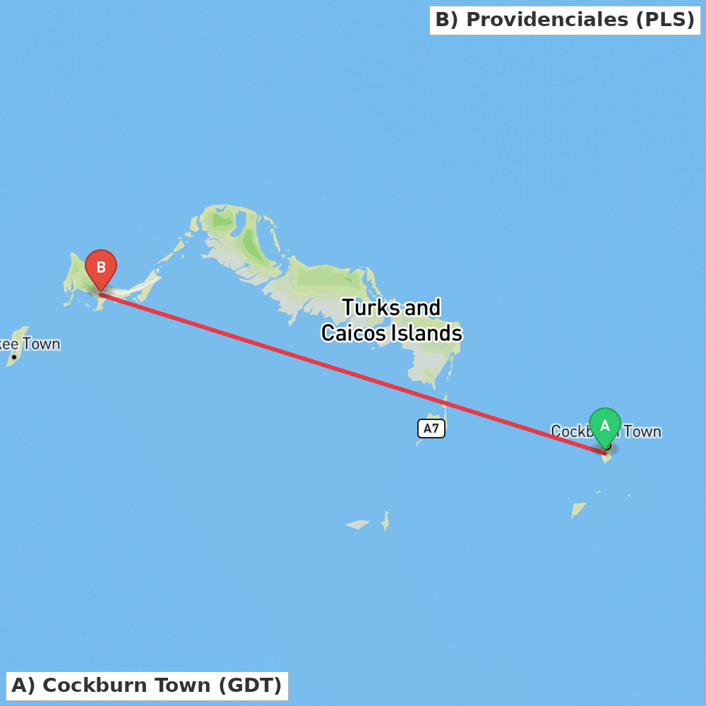 Flight route map from Cockburn Town to Providenciales