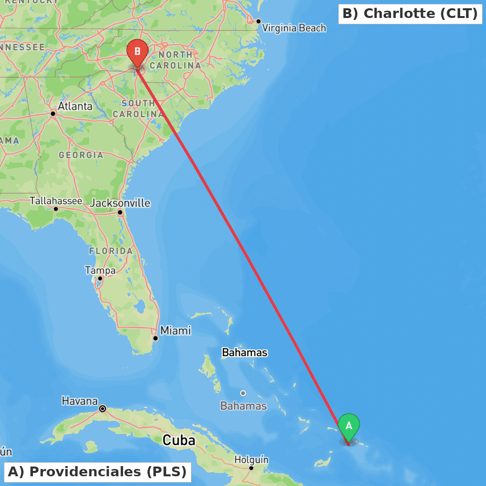Flight route map from Providenciales to Charlotte