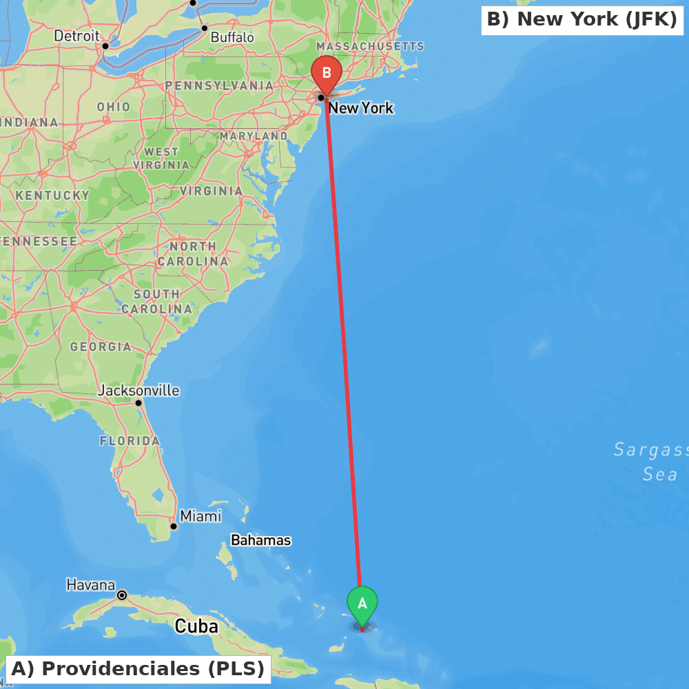 Flight route map from Providenciales to New York