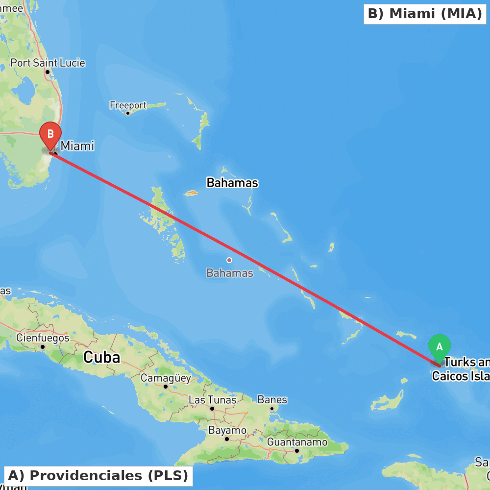 Flight route map from Providenciales to Miami