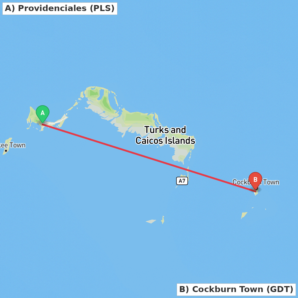 Flight route map from Providenciales to Cockburn Town