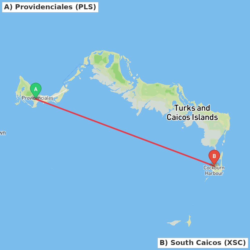 Flight route map from Providenciales to South Caicos