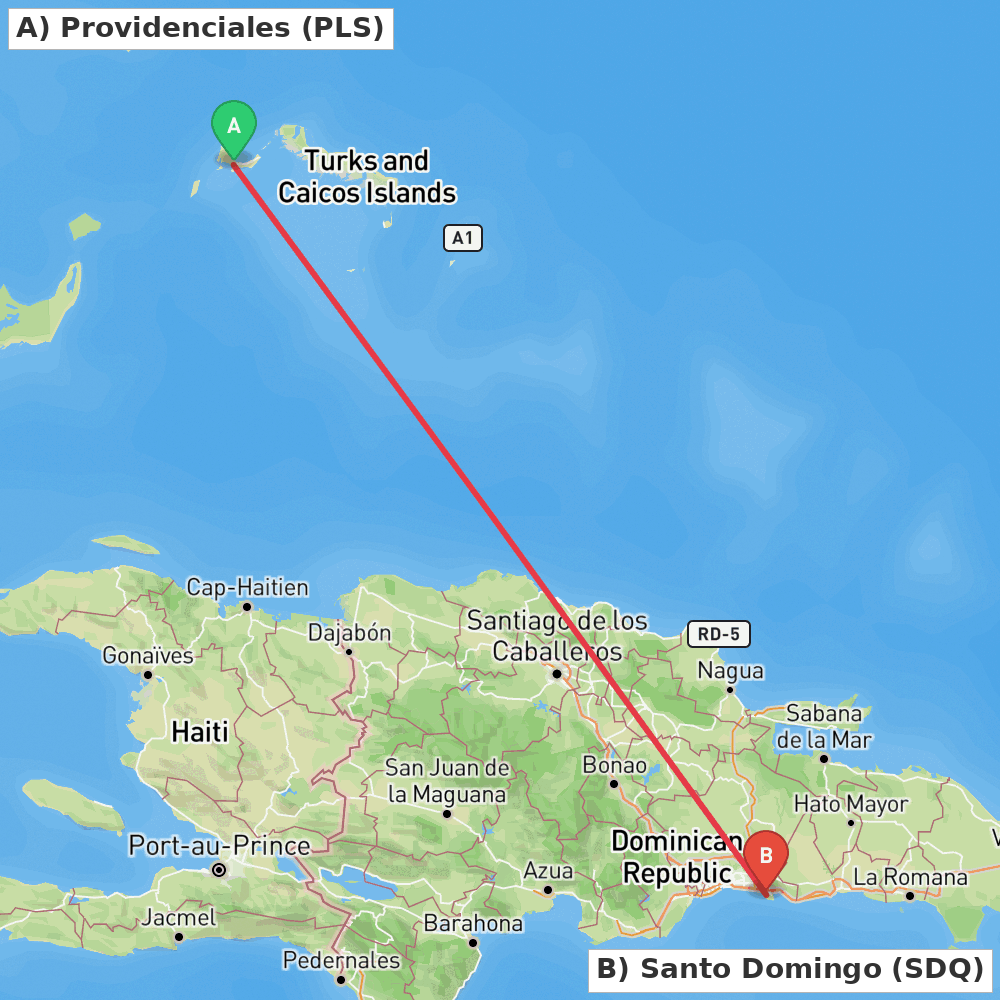 Flight route map from Providenciales to Santo Domingo