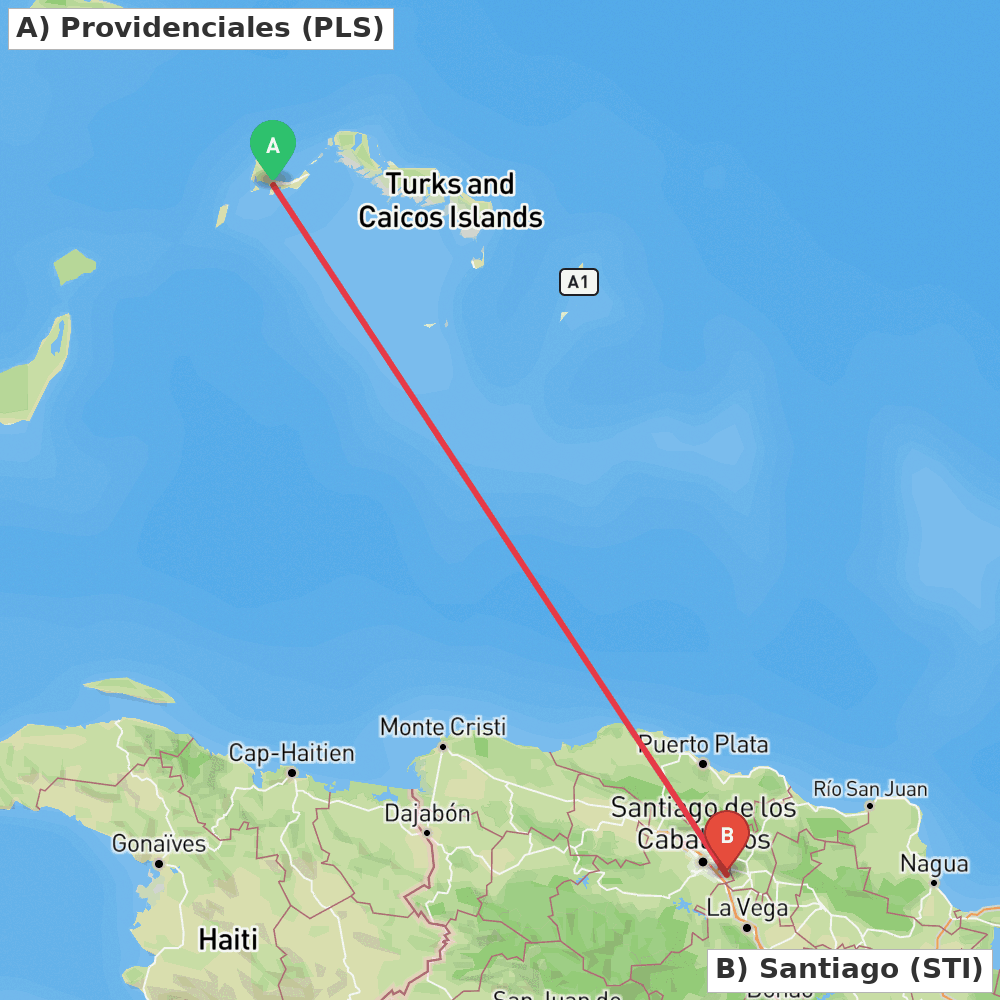 Flight route map from Providenciales to Santiago
