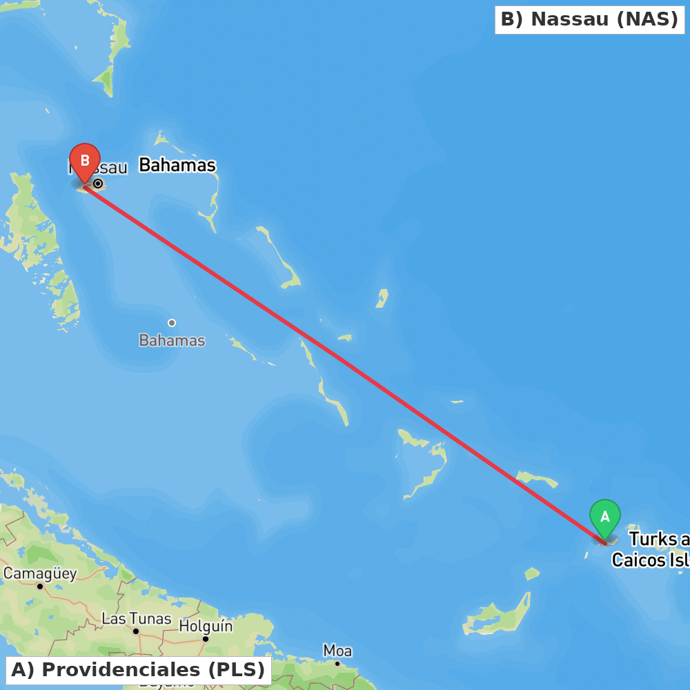 Flight route map from Providenciales to Nassau