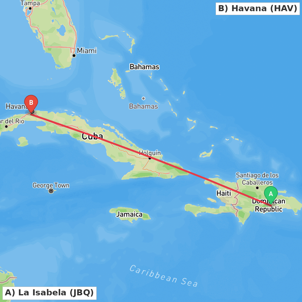 Flight route map from La Isabela to Havana