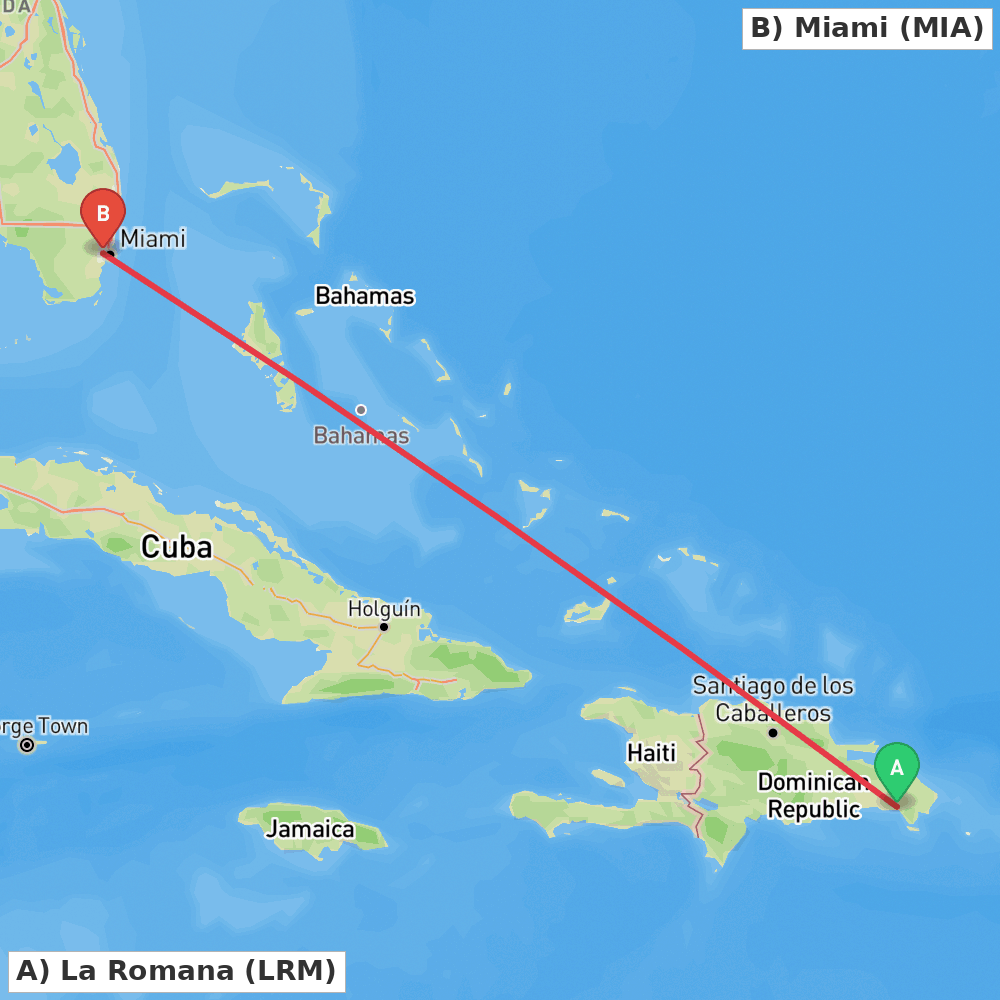 Flight route map from La Romana to Miami
